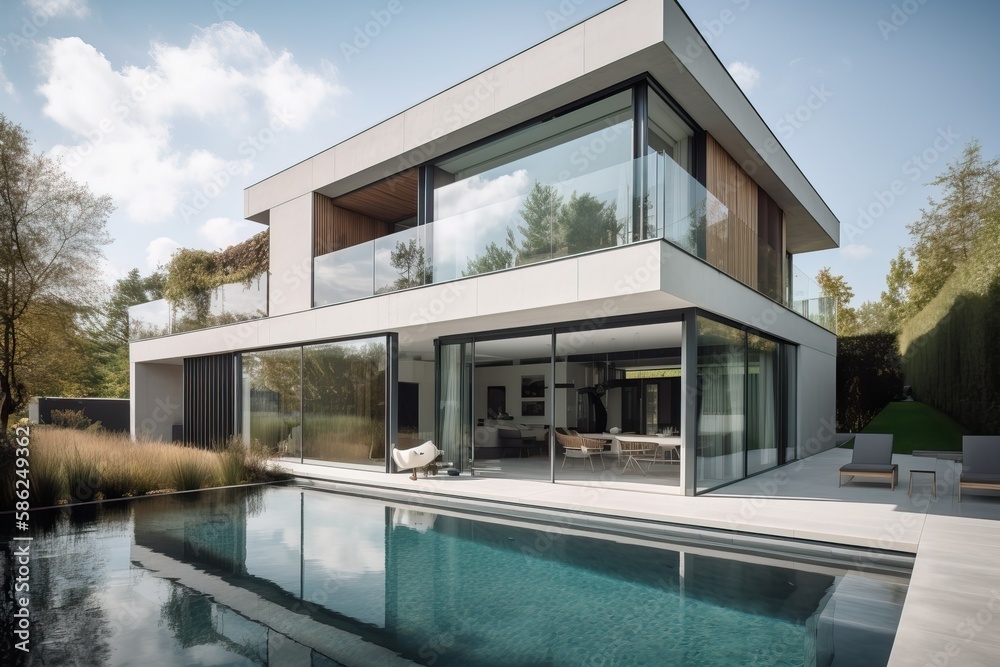 Modern impressive villa with swimming pool and garden, generative ai