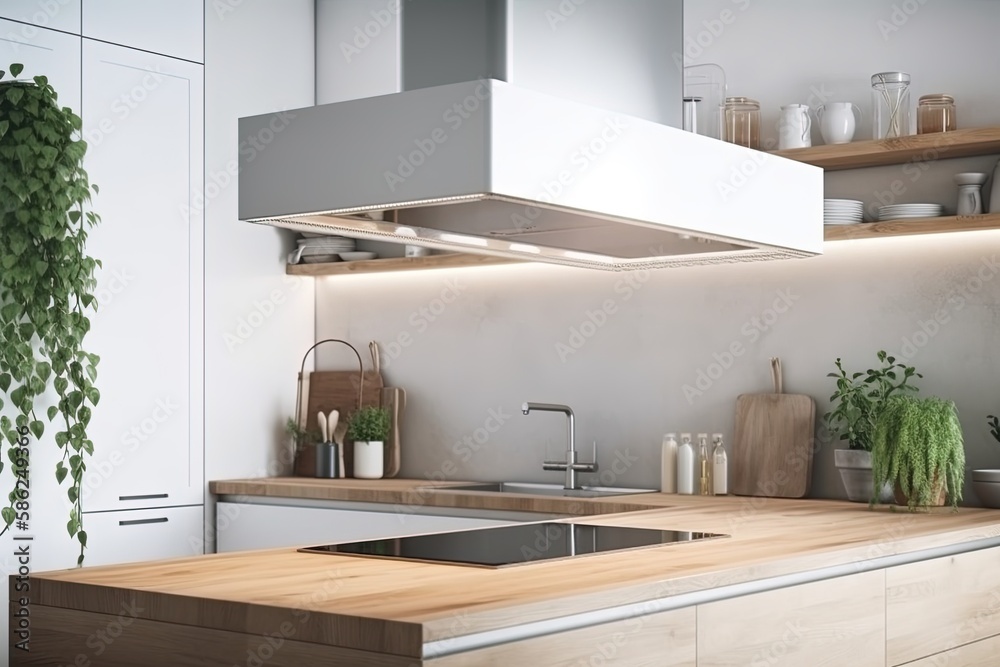 Silver cooker hood in minimal white kitchen interior with plant on wooden  countertop. Real photo Generative AI Stock Illustration | Adobe Stock