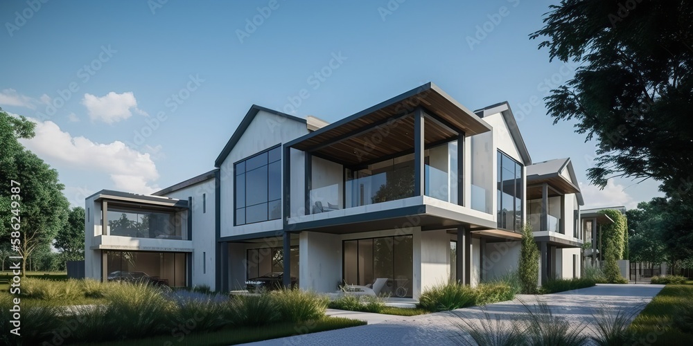 Modern impressive villa with swimming pool and garden, generative ai Modern impressive villa with swimming pool and garden, generative ai