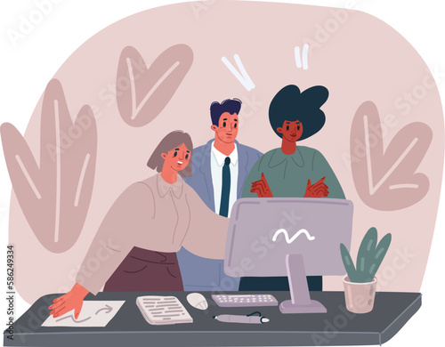 Vector illustration of business people working and discuss. Team looking at computer monitor during working day in office