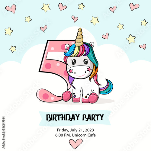 baby card, fifth birthday party invitation with baby unicorn