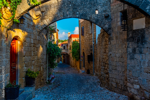 Sunrise view of a historical street in the center of Rhodes, Greece