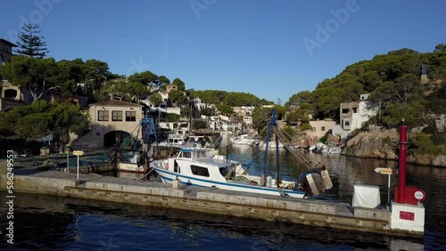 Cinematic Drone Shot of a beautiful fisher town Marina in Mallorca