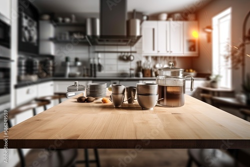 Table top with blurred kitchen  furniture as background
