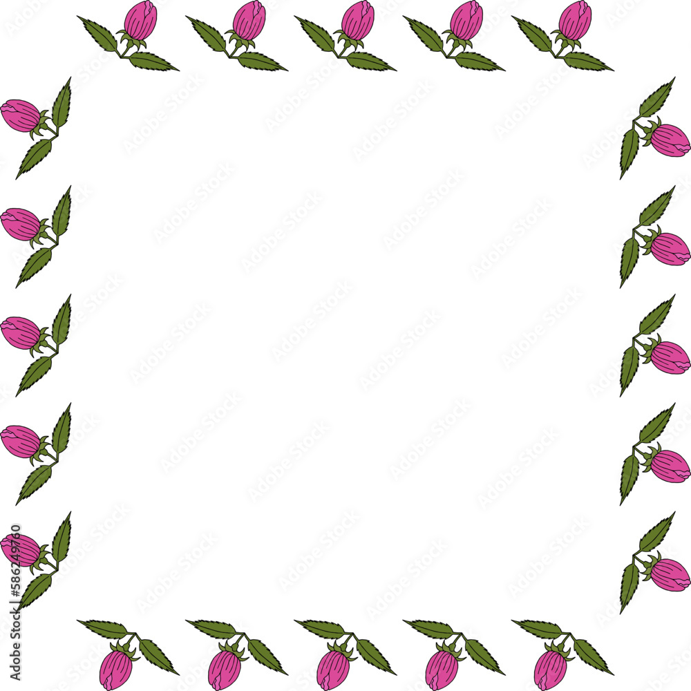 Square frame with beautiful pink flower bud on a white background. Vector image.