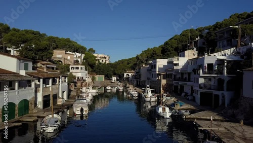 Cinematic Drone Shot of a beautiful fisher town Marina in Mallorca