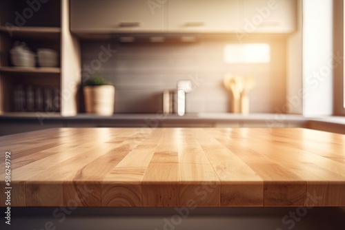 Wood table top on light abstract from kitchen room backgrou