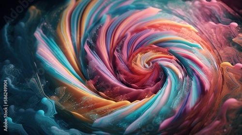 Closeup of colorful candy vortex. Swirl of sweet rainbow sweet lollipop liquid. Generative AI