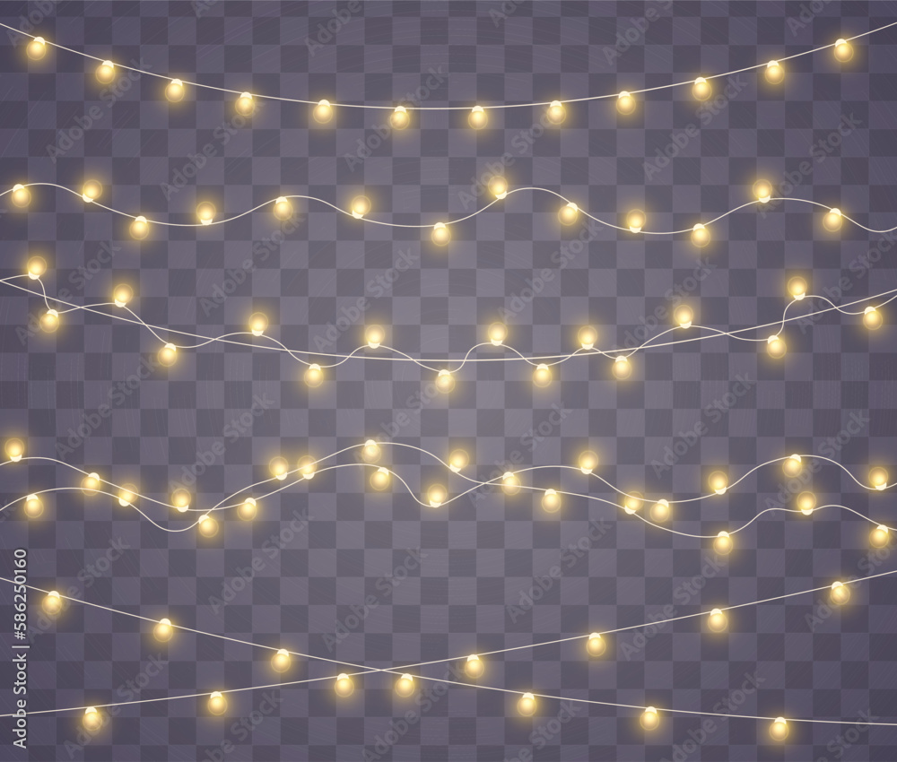 Yellow christmas lights isolated realistic design elements. Christmas lights isolated on transparent background. Xmas glowing garland. Led neon lamp. New Year decoration. Vector illustration.