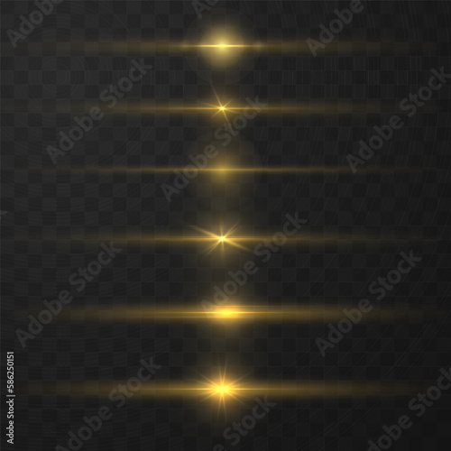 Light effect line streak. Yellow horizontal lens flares pack. Glowing streaks on transparent background. Beautiful glow light flare and spark. Vector illustration, eps 10.