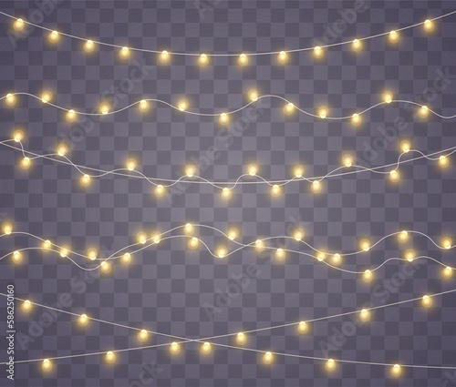 Yellow christmas lights isolated realistic design elements. Christmas lights isolated on transparent background. Xmas glowing garland. Led neon lamp. New Year decoration. Vector illustration.