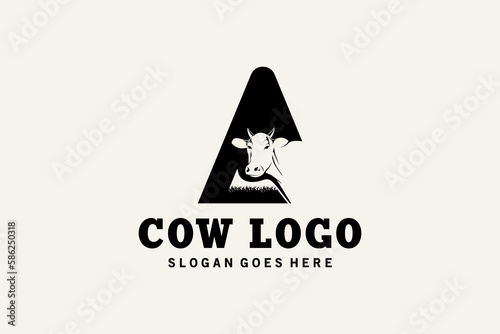 Cow letter A logo design with creative concept, farm animal cow head logo