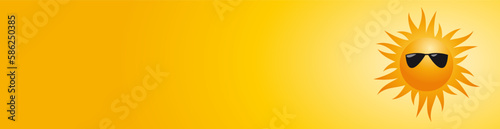 Abstract Summer banner, orange background with sun with sunglasses and empty hot sky for your text. Copy space for summertime announcement or advertisement
