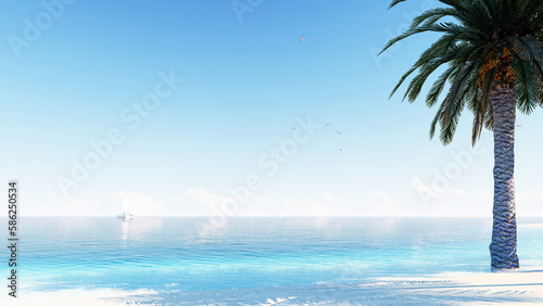 ULTRA HD. Blue ocean white sand beach nature tropical palms Island. Hotel beach. Caribbean sea and sky. 3D Rendering  landscape Island. Palms turquoise sea background.