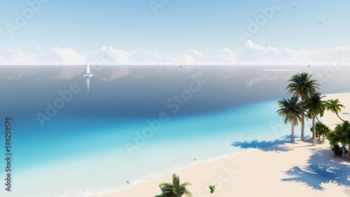 ULTRA HD. Blue ocean white sand beach nature tropical palms Island. Hotel beach. Caribbean sea and sky. 3D Rendering, landscape Island. Palms turquoise sea background.