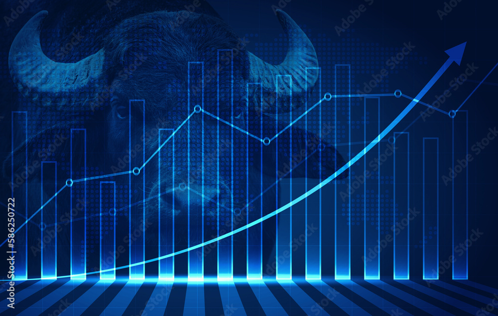 Abstract financial chart with uptrend line graph arrow and portrait of a bull in stock market Abstract financial chart with uptrend line graph arrow and portrait of a bull in stock market