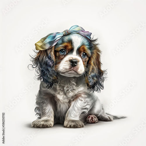 Whimsical Watercolor Illustrations of Cavalier King Charles Spaniel Puppies -. AI Generated photo