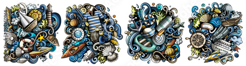 Marine cartoon vector doodle designs set.