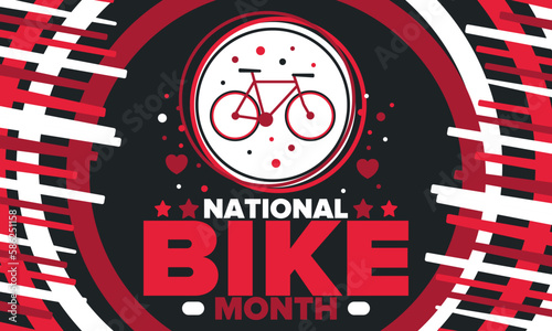 National Bike Month. Celebrated annual in May in United States. Bicycle concept. Healthy and active lifestyle. Sports or hobby. Poster, card, banner and background. Vector illustration