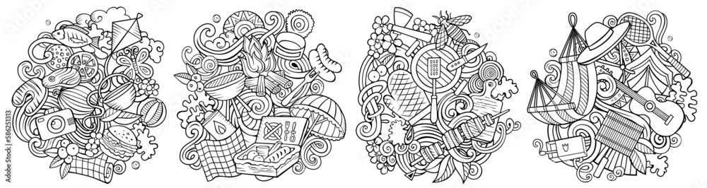Picnic cartoon vector doodle designs set. Picnic cartoon vector doodle designs set.