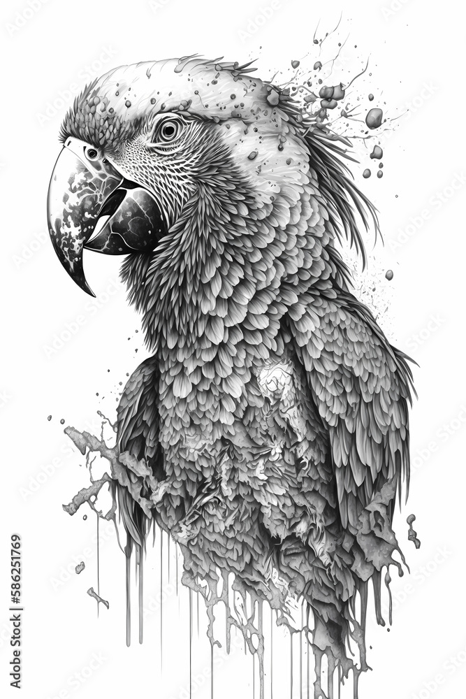 Obraz premium Macaw Ink Drawing In Splash of Inked Black and White Animal Intricate Details Artwork generative ai