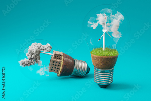 lightbulbs with minature wind turbine and coal-fired power station  inside; green soil and clouds; pollution and smoke; renewable clean energy concept; infinite background; 3D Illustration