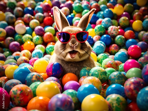 Un lapin portant des lunettes de soleil, au milieu de milliers d'œufs de Pâques. Generative AI