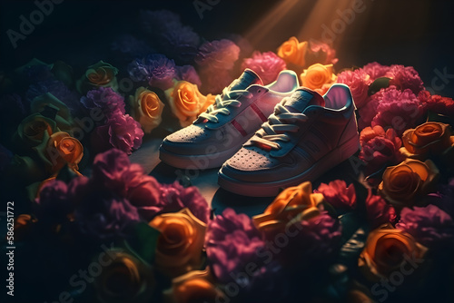 Concept of shoes - sneakers with flowers, Generative AI