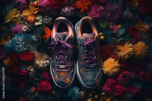 Concept of shoes - sneakers with flowers, Generative AI