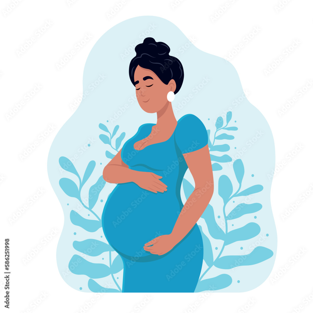 A woman in anticipation of motherhood. Mother's Day. Happy pregnant woman hugs her belly. A woman in anticipation of motherhood. Mother's Day. Happy pregnant woman hugs her belly.