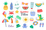 Summer cartoon kawaii accessory elements set cute flat doodle style