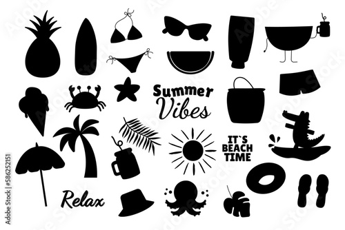 Summer silhouette cartoon accessory elements set flat style