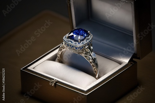 Luxury diamond and sapphire ring in open gift box, generative AI © senadesign