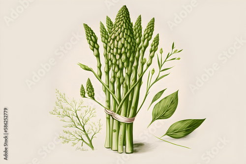 Illustration with asparagus in a bunch on beige background  Generative AI