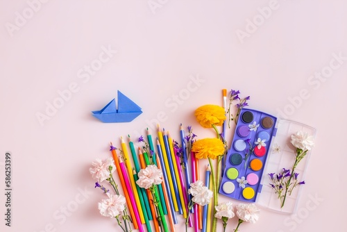 Back to school concept. Summer school holidays. Banner for summer camp. International children’s day Background . copy space for text. 
