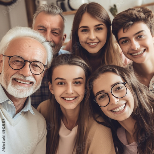 Ai  selfie and portrait of grandparents and children at home with digital art  futuristic app and 3d photo filter. Family  creative technology and augmented faces of happy people smile for picture
