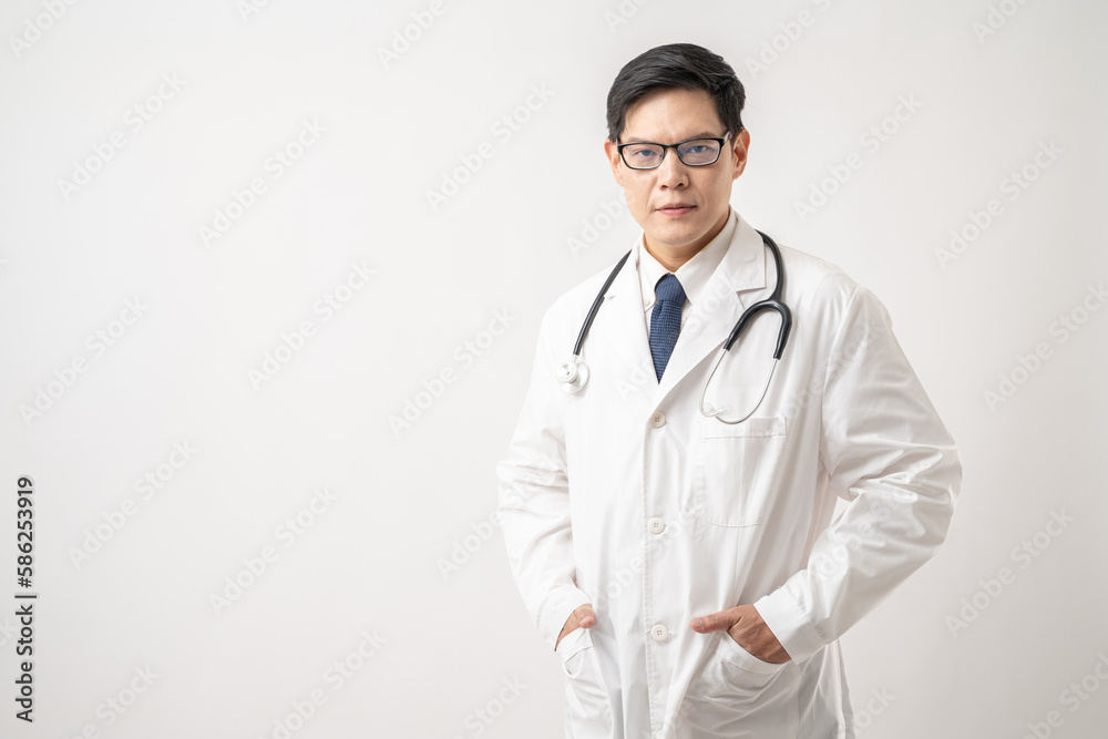 Portrait of confident Asian Doctor in glasses with stethoscope isolated on white background Portrait of confident Asian Doctor in glasses with stethoscope isolated on white background