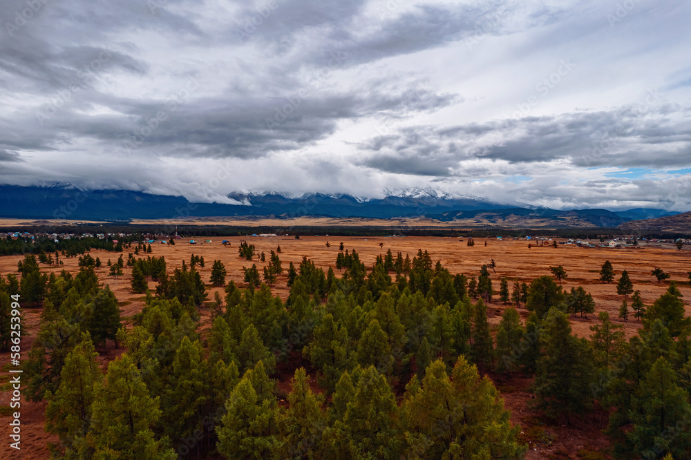 Aerial top view Summer Landscape beautiful forest mountains Altai