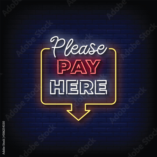 Neon Sign pay here with brick wall background vector