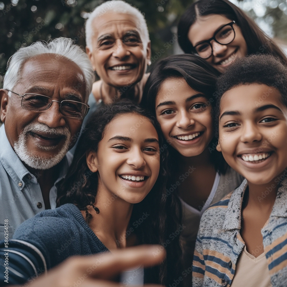 Selfie, love and family with smile, bonding in quality time with natural loving or happiness. Portrait, grandparents and children with joy on vacation with generations, happy and ai generated