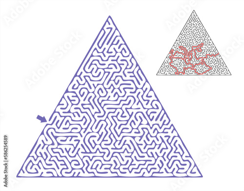 Difficult triangular maze. Hard triangular vector labyrinth.  Education puzzle with search of solution.  A game for logic find 