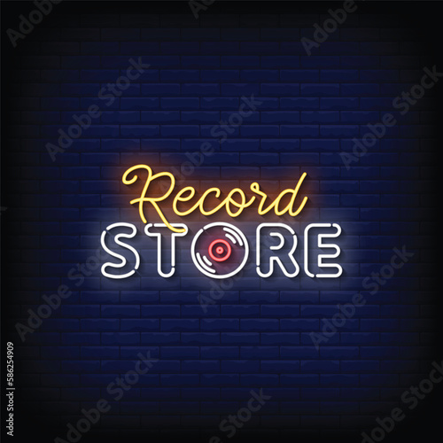 Neon Sign record store with brick wall background vector