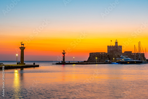 Sunrise view of Saint Nicholas Fortress at Greek island Rhodes