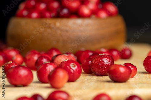 Red wild cranberries covered with drops of water