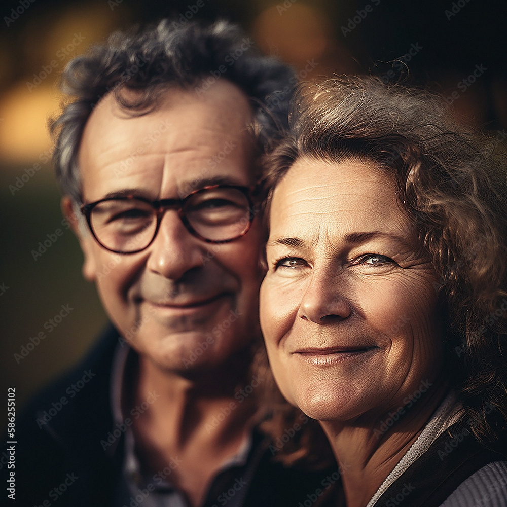 Love, smile and portrait of mature couple with bokeh on romantic evening celebration together. Date, retirement and face of happy man with senior woman in relationship or ai generated marriage Love, smile and portrait of mature couple with bokeh on romantic evening celebration together. Date, retirement and face of happy man with senior woman in relationship or ai generated marriage