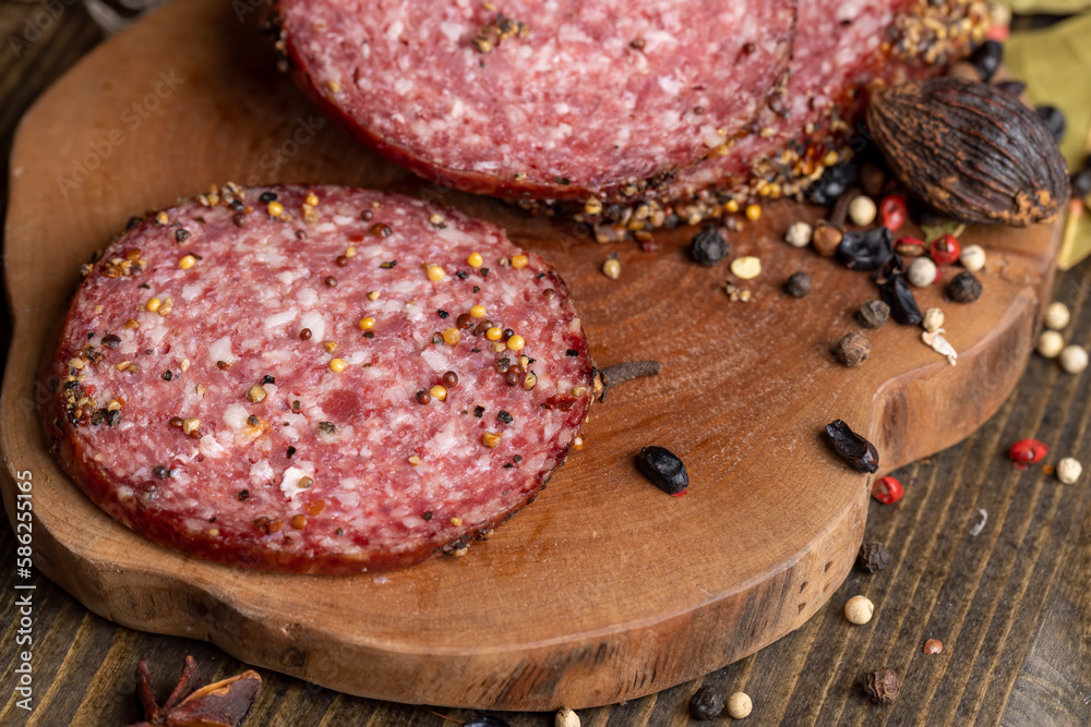 Sliced salami using pork meat with spices Sliced salami using pork meat with spices
