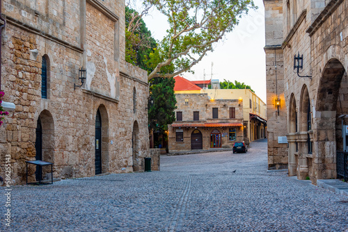 Sunrise view of a historical street in the center of Rhodes, Greece