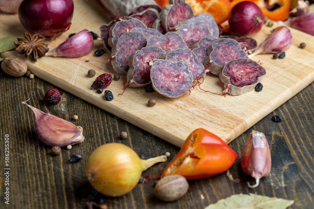 Sliced sausage of fresh veal meat Sliced sausage of fresh veal meat