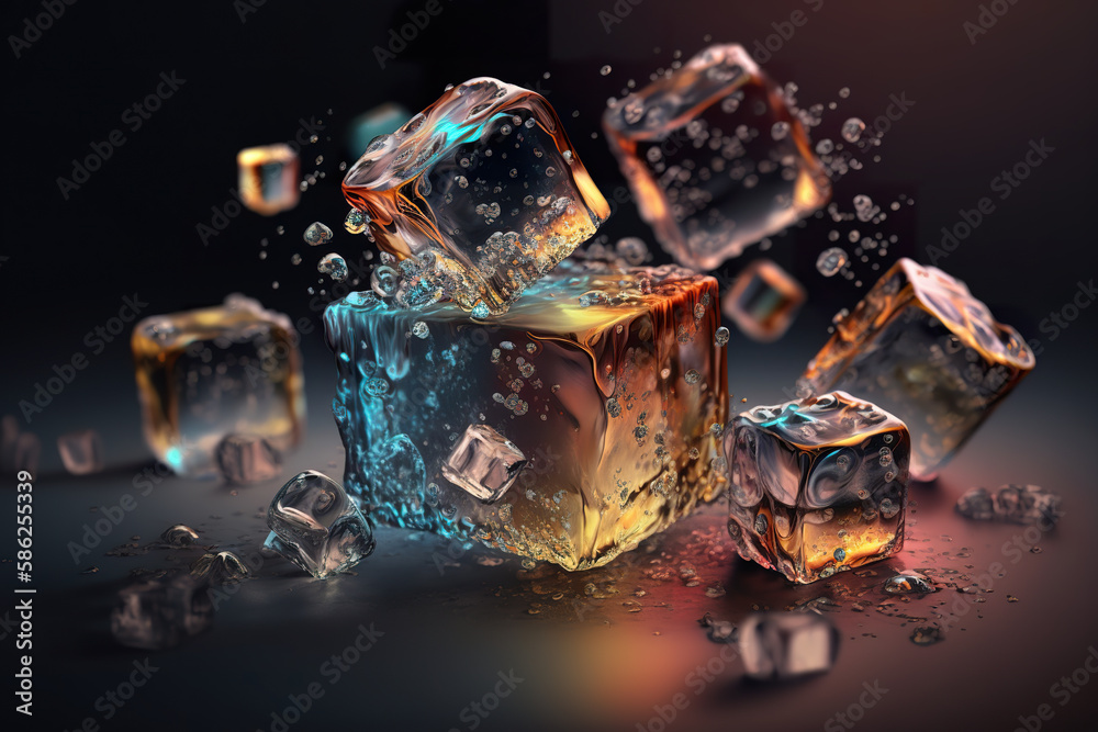 Ice cubes on black table background. Shining ice cubes. Ice artificial transparent acrylic pieces plastic reusable. Realistic 3D illustration. Creative AI Ice cubes on black table background. Shining ice cubes. Ice artificial transparent acrylic pieces plastic reusable. Realistic 3D illustration. Creative AI