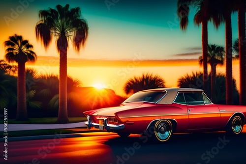Rendering of "80s Sunset Drive". Generative AI.  © Leandro
